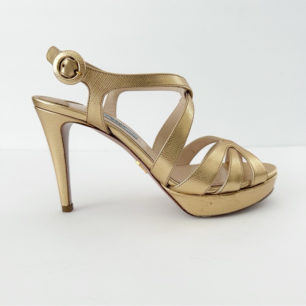 PRADA GOLD METALLIC LEATHER SLINGBACK SANDALS